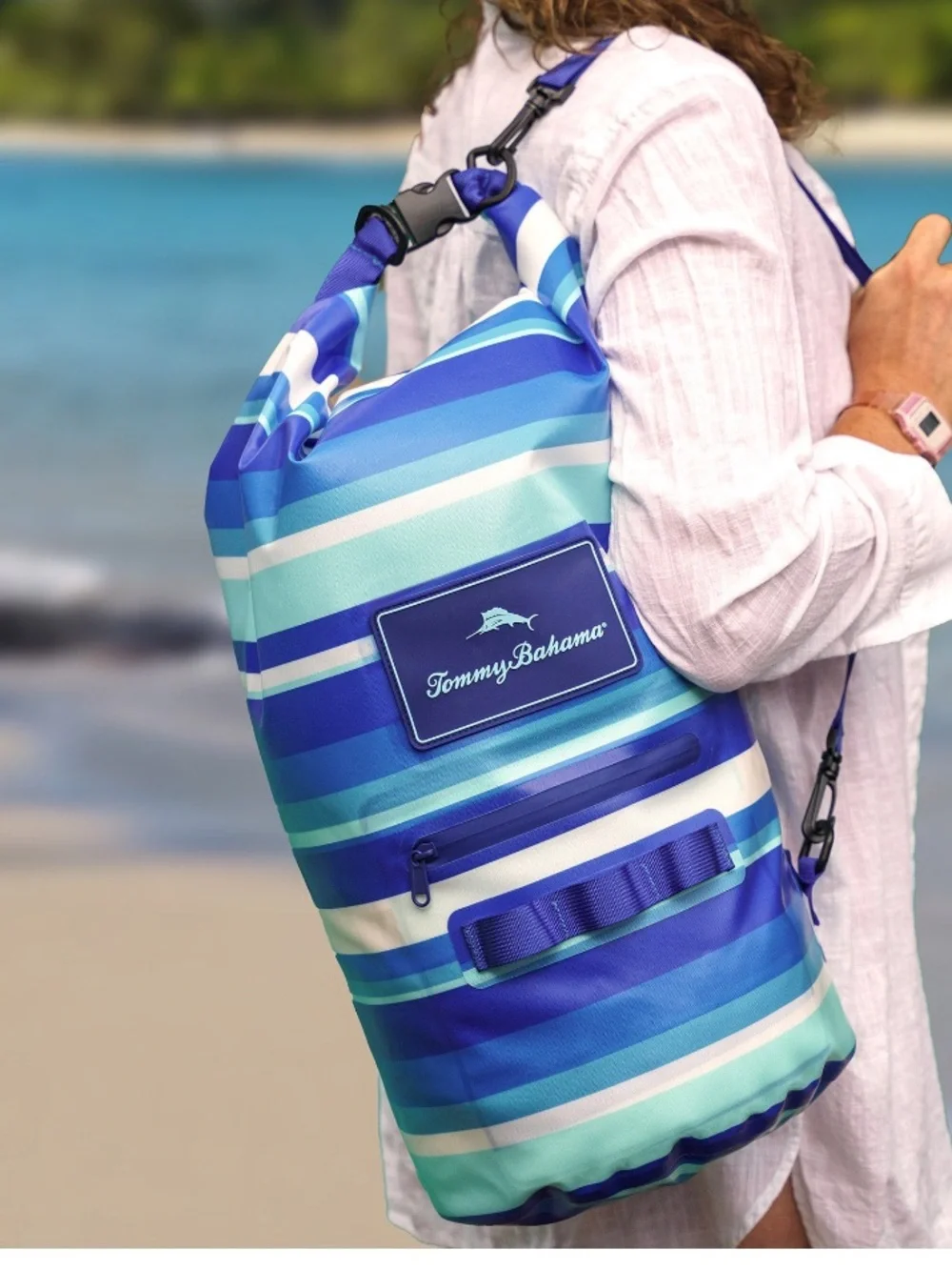 Tommy Bahama Blue Striped Dry Bag with Shoulder Strap